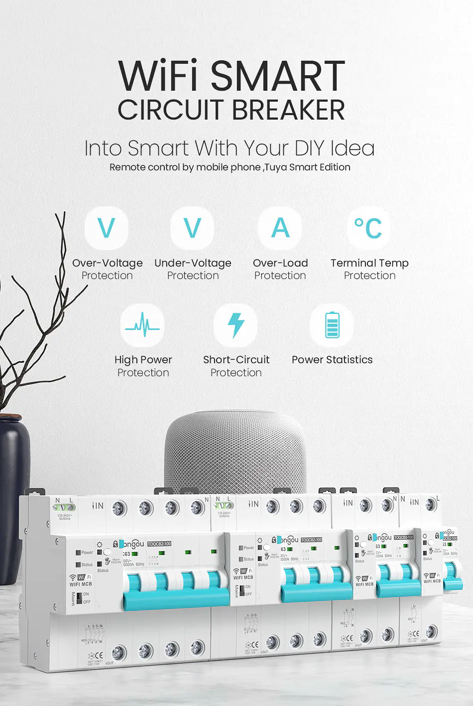WiFi Smart Circuit Breaker TOQCB2 Detail Page Remote Control by Mobile Phone, Tuya Smart Edition