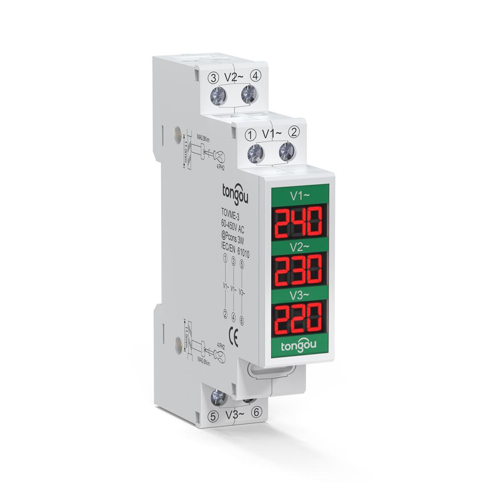 Din Rail Three Phase Digital Voltmeter - TOVME-3 60-450VAC